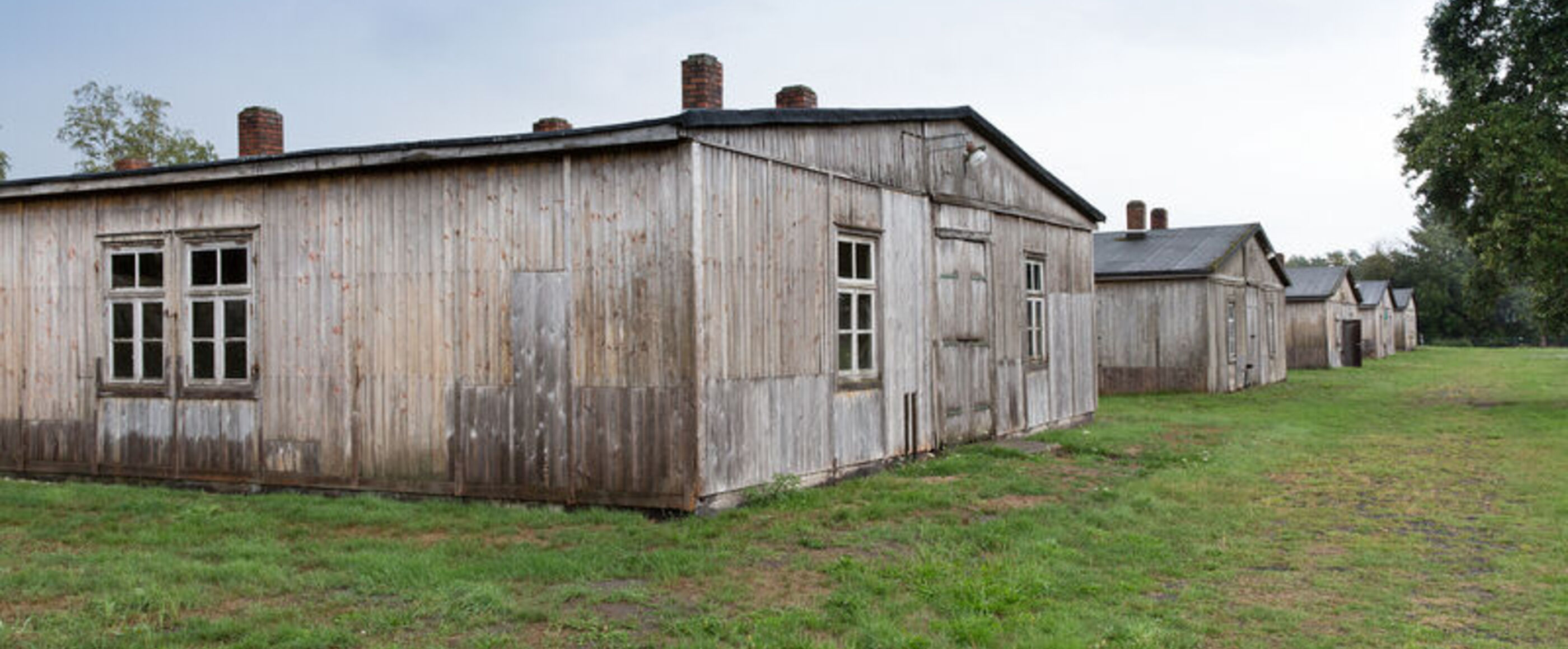 Einfache Bretter bilden eine Holzhütte mit wenig Fenstern auf einem stoppeligen Rasen.