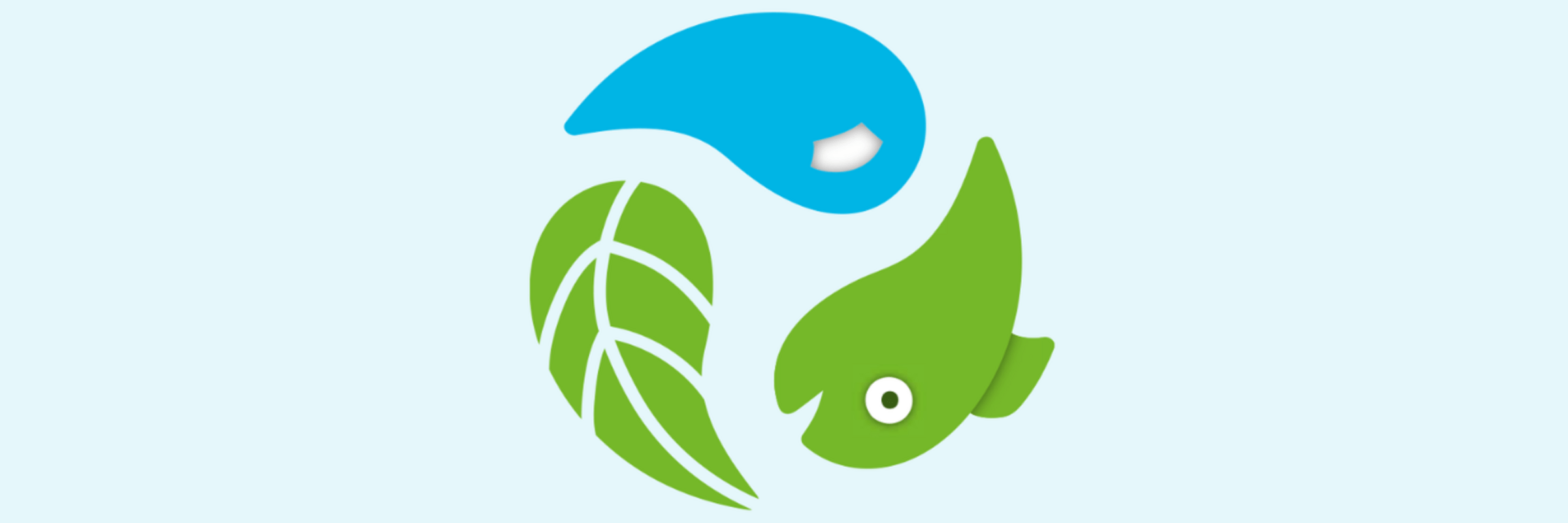 Ein grünes Blatt, ein grüner Fisch und ein blauer Wassertropfen bilden einen Kreis.