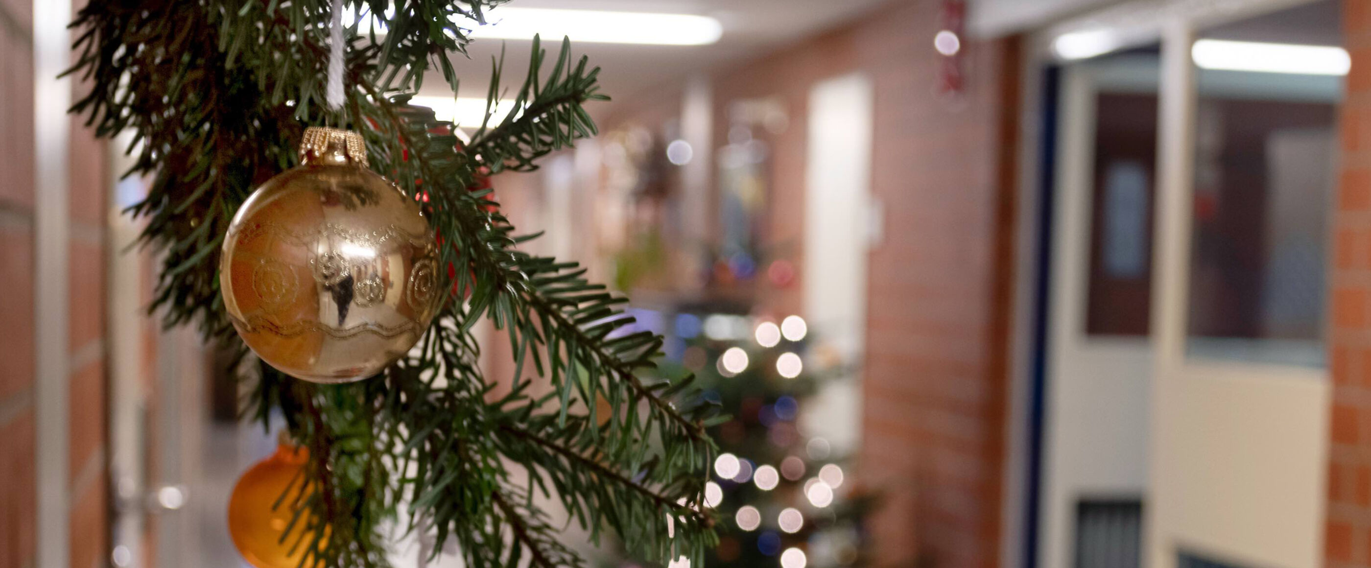 ein Weihnachtsschmuck mit Tannengrün und Christaumkugeln. Im Hintergrund ist ein Gefängnistrakt.