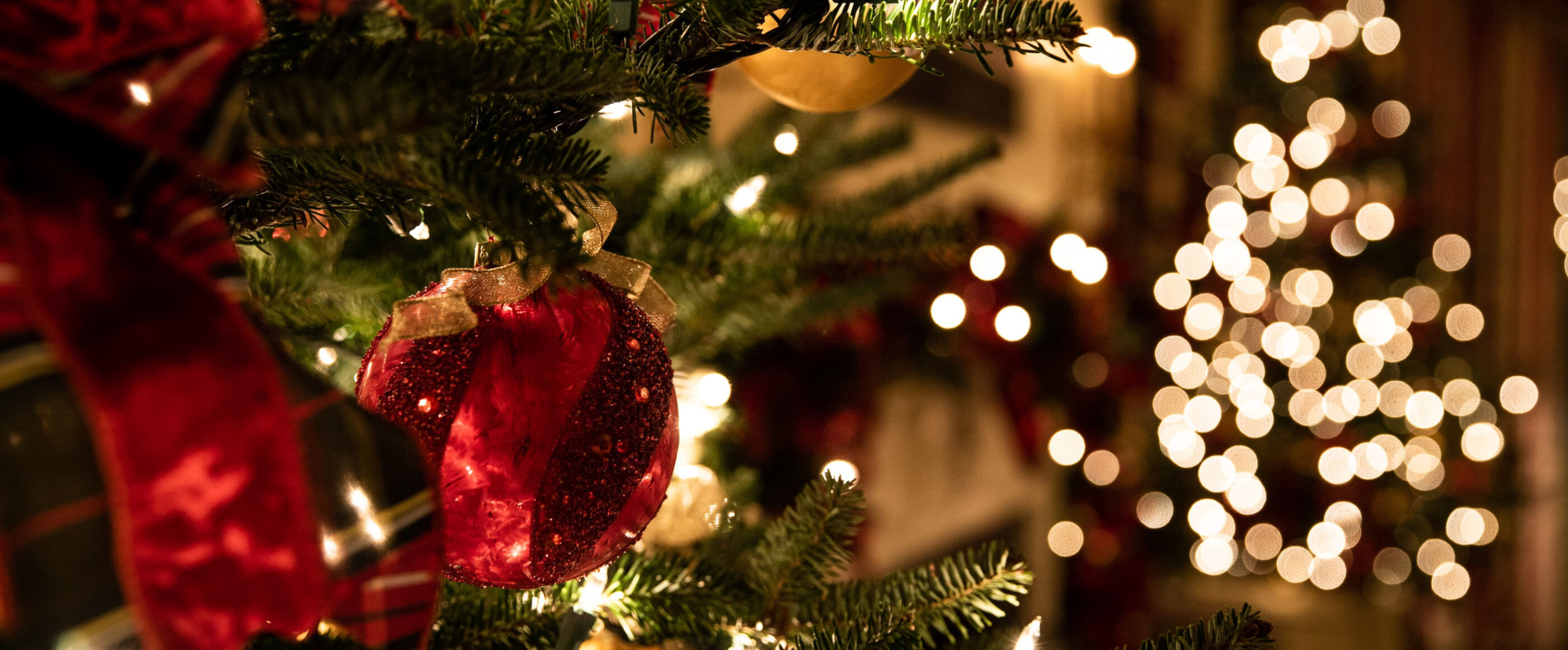 rote Christbaumkugeln an einem Weihnachtsbaum. Im Hintergrund sieht amn Lichterkerzen.