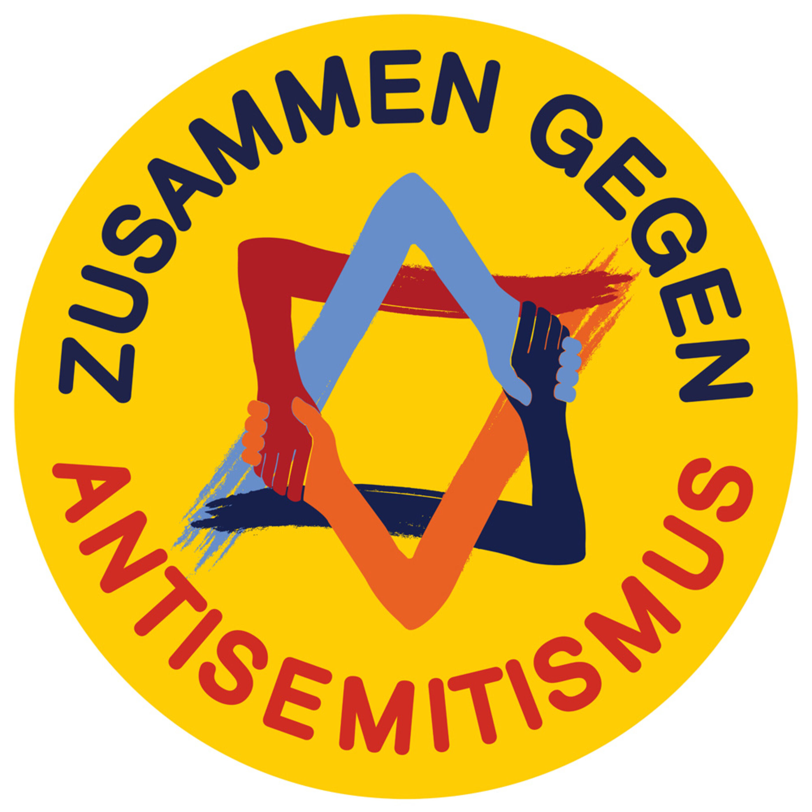 Ein rundes Logo, bei dem sich bunte Arme in Form eines Davidsternes greifen. Drumherum steht: Zusammen gegen Antisemitismus.