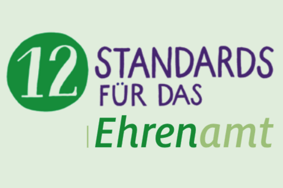 Das Bild zeigt eine Grafik (grüner Hintergrund, dunkel grüne und violette Schrift) mit folgendem Text: 12 Standards für das Ehrenamt.