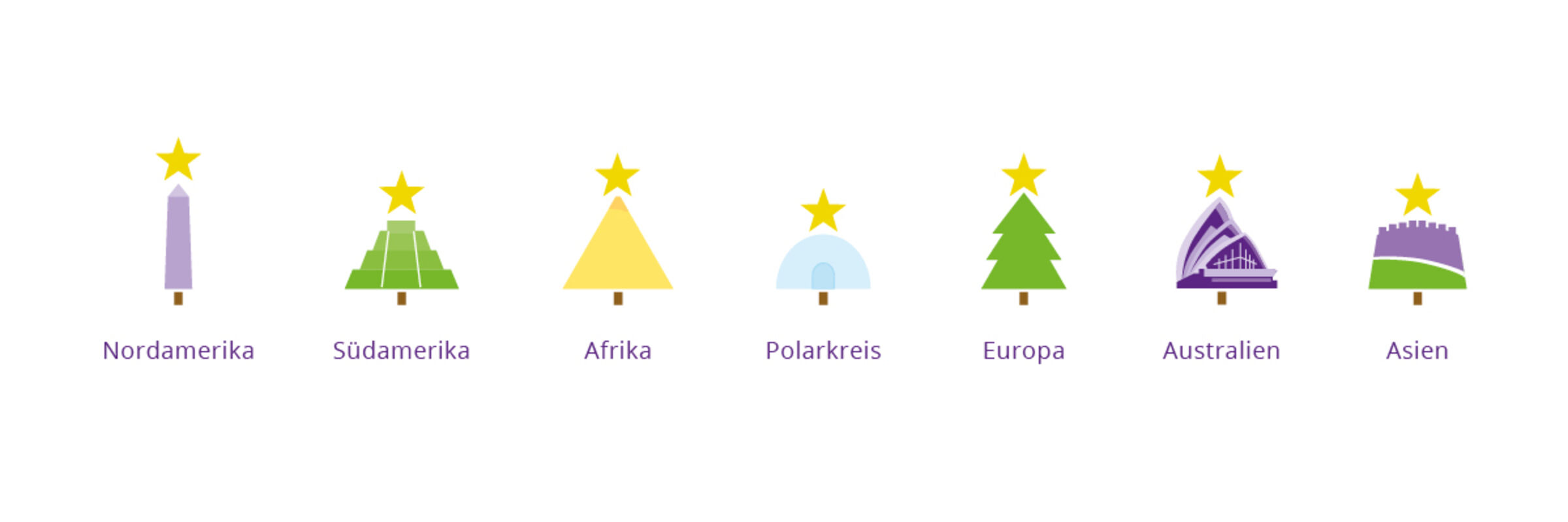 Eine Grafik mit einen symbolischen Weihnachtsbaum für alle Kontinente der Welt. 