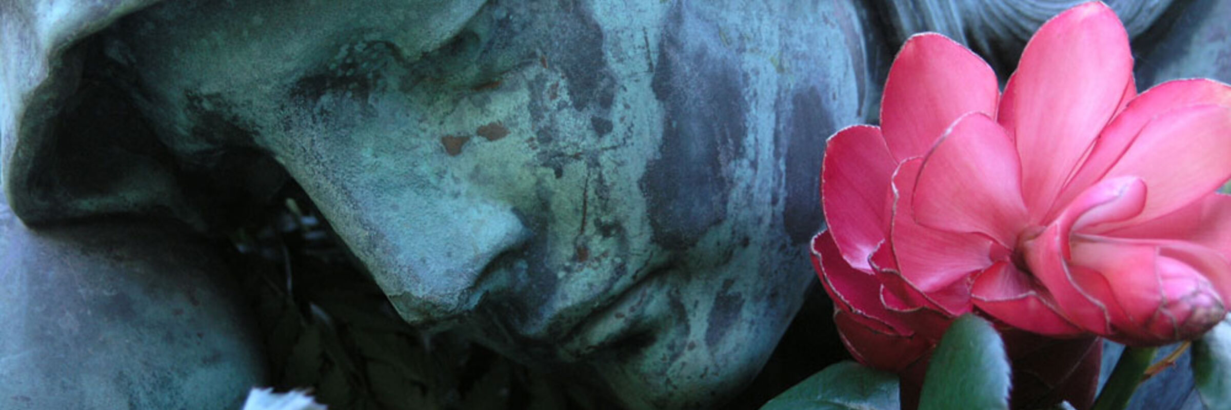Das Bild zeigt eine graue Steinfigur mit einem Tuch über dem Kopf, die traurig zu Boden schaut. Unter dem Kinn der Figur klemmt eine fuchsia-farbene Blume.